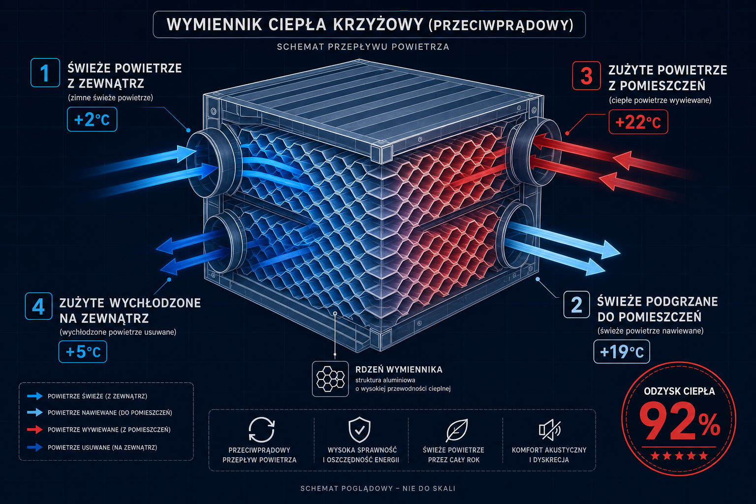 Schemat wymiennika ciepła krzyżowego przeciwprądowego — odzysk ciepła 92%, świeże powietrze niebieskie, zużyte czerwone, temperatury wymiany